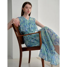 Load image into Gallery viewer, [DK SHOP] Emerald Blue Printing Belt Set Tiered Chiffon Dress
