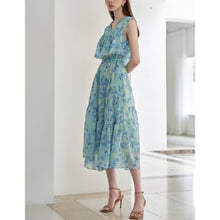 Load image into Gallery viewer, [DK SHOP] Emerald Blue Printing Belt Set Tiered Chiffon Dress
