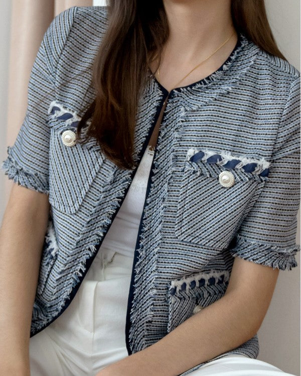 [K-BRAND] MIJU Two-tone line no-collar tweed half-sleeve jacket