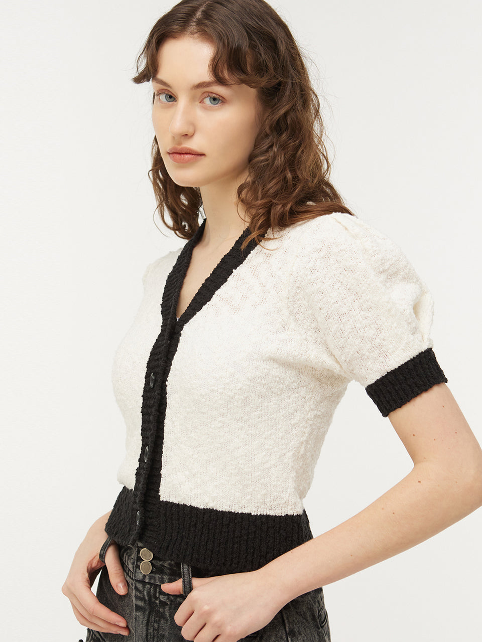 CITYBREEZE Puff Sleeve Cropped Cardigan Ivory